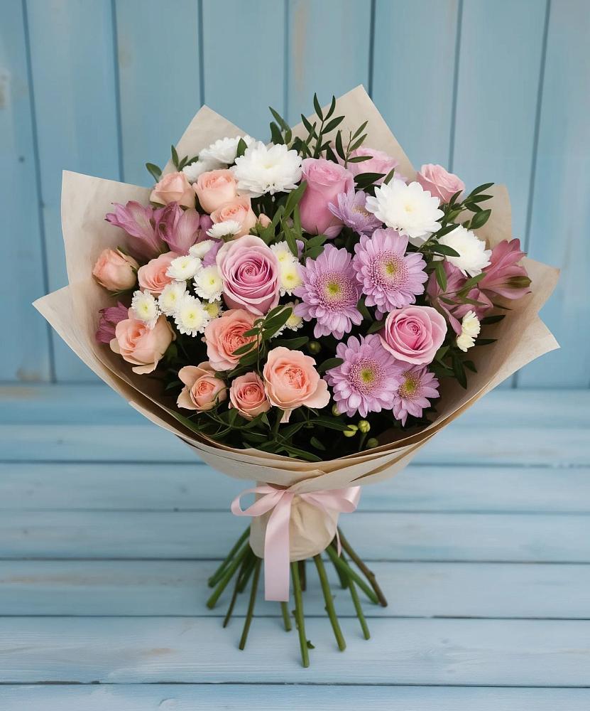 Букет цветов из: Хризантемы, Розы и Альстромерии в Кагальнике