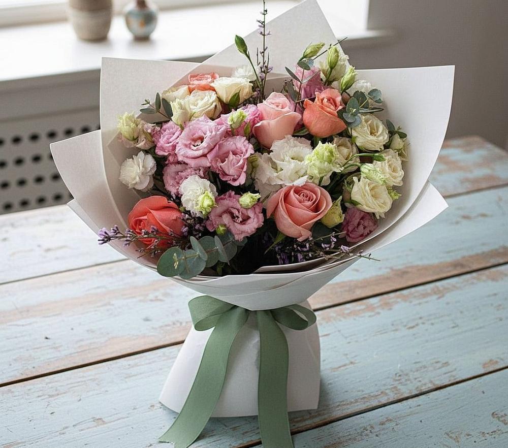 Букет цветов из: Розы, Лизиантусы и Гвоздики в Кагальнике