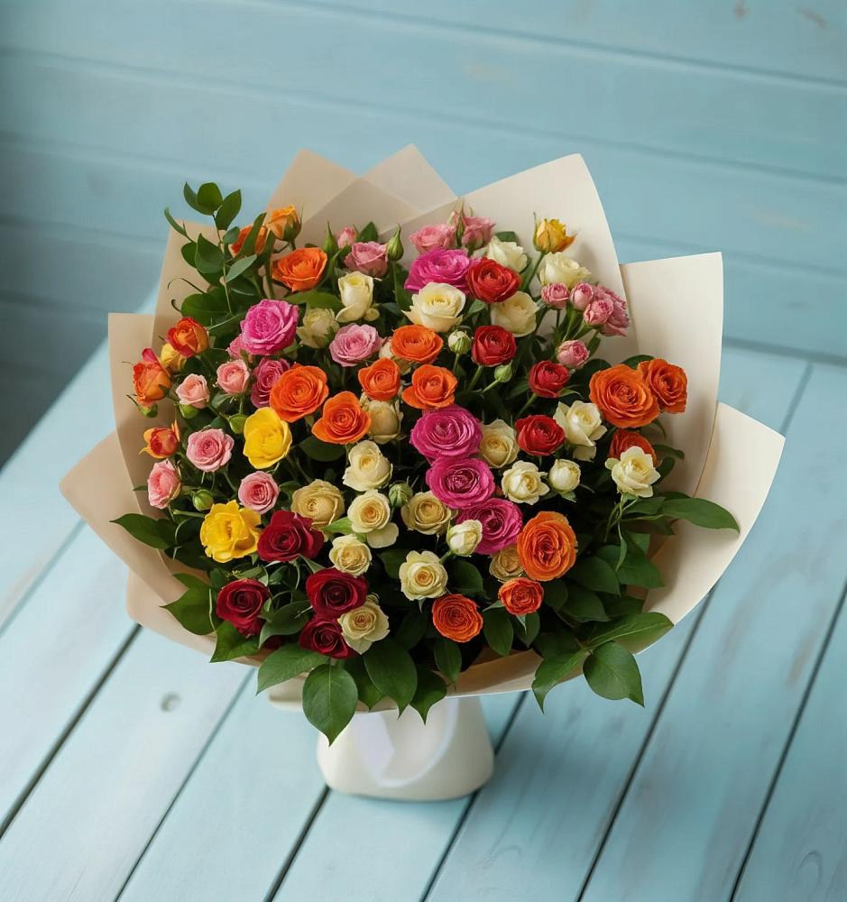 Букет Микс из разноцветных кустовых роз в Кагальнике